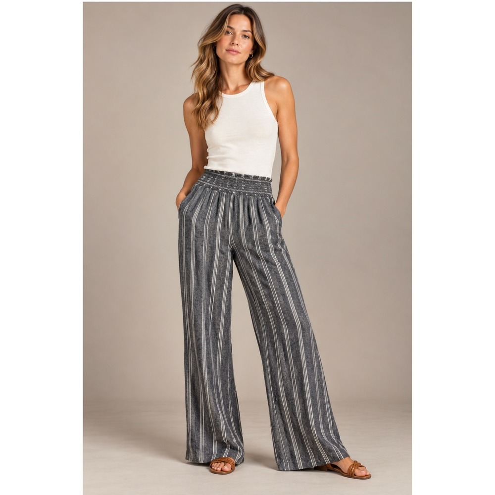 Rewash Wide Leg Pants Large Gray White Striped Linen Blend Smocked Waist Boho